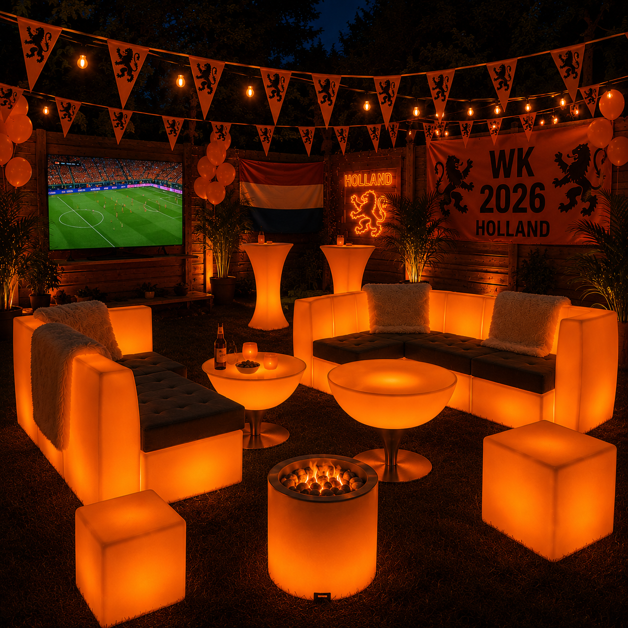 WK feestje met LED meubilair op oranje – LED Lounge Enschede
